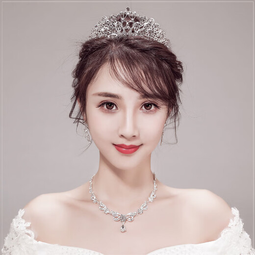 Shengli crown tiara, bridal three-piece set, veil, atmospheric forest style super fairy wedding dress, crown, birthday, internet celebrity, Korean style wedding girl, A style three-piece set, ear acupuncture gift box