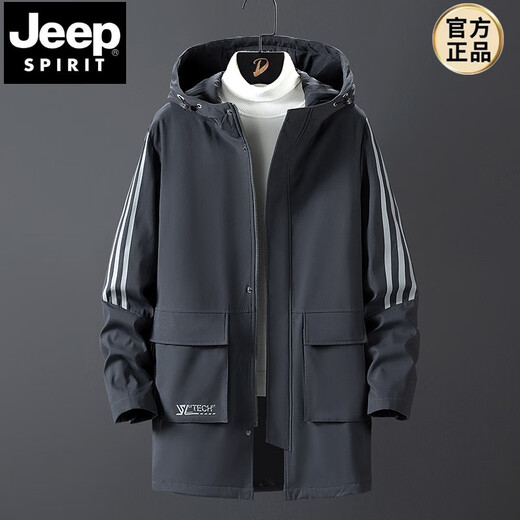 JEEP SPIRIT spring, autumn and winter thickened large size windbreaker men's medium-length coat loose thin velvet trendy fat casual coat new style men's black (plus velvet and thickened) 6XL 225-244Jin Jin equals 0.5 kg