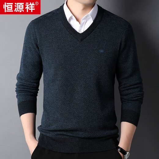 Hengyuanxiang 100% pure wool sweater men's V-neck thickened sweater sweetheart collar men's 15213601 blue black 180/96A