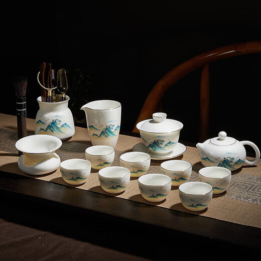 Eight Thousand Lines Tea Set Complete Set of High-end Ceramic Kung Fu Tea Set Suet Fat Jade Covered Bowl Father's Day Birthday Gift for Men Retirement