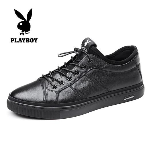 Playboy casual leather shoes men's new lightweight breathable first layer cowhide sneakers soft sole soft surface wear-resistant elastic band men's single shoes black 40