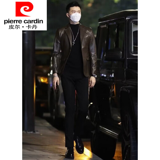 Pierre Cardin international brand high-quality leather clothing men's autumn and winter new slim leather jacket outer light luxury suit leather clothing black M