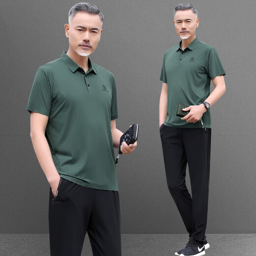 昇域中老年人运动服套装男夏季冰丝短袖长裤休闲中年男士爸爸夏装套装 756款黑色 XL 【建议体重126-140斤】