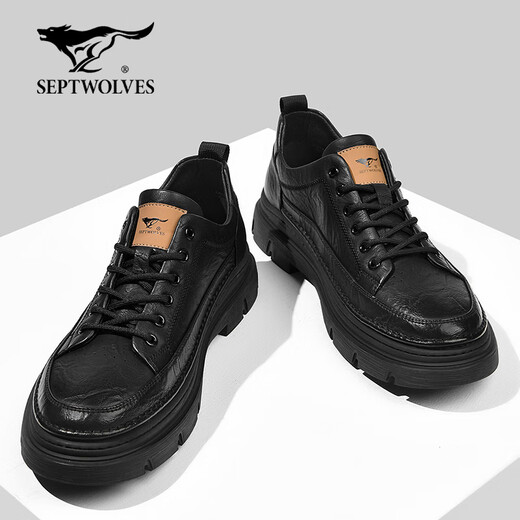 Septwolves men's shoes winter 2025 new business casual shoes men's thick-soled wear-resistant work shoes retro trendy casual leather shoes for men black 40