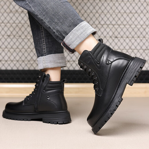 Zuomu Lion Head Layer Cowhide Army 3519 Martin Boots Men's Winter Plus Fleece Military Hook High-top Cotton Leather Boots Wool Warm Snow Boots Black [Top Cowhide Sheep Fur Integrated] 42