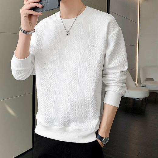 Dingfengbaoluo long-sleeved T-shirt men's autumn and winter versatile fashion jacquard sweatshirt loose trendy tops JE2221 white XL