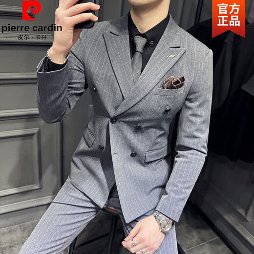 Pierre Cardin large size double breasted British suit suit men's groom wedding slim fit casual business striped suit knitted black three-piece suit XL (suitable for 125-135 Jin Jin equals 0.5 kg)