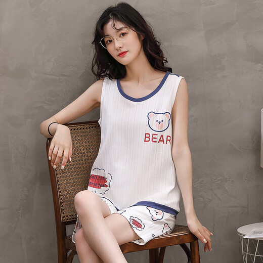 丹雨婷天天夏季女士背心短裤棉卡通睡衣薄款休闲棉质家居服睡衣女 浅绿色 9857背心套装女 S 码