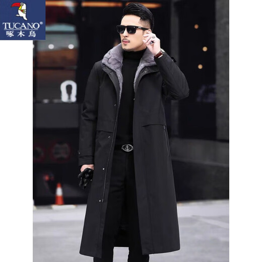 Woodpecker (TUCANO) Fur One Piece Men's Mink Liner Middle-aged Large Size Hooded Nikos Thickened Jacket Coat Winter Black (Long Nikos) XL 120-135Jin Jin is equal to 0.5 kg