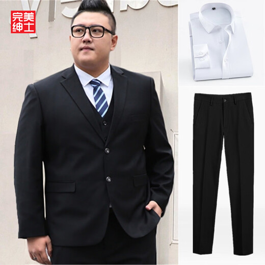Perfect Gentleman Fat Suit Suit Men's Large Size Plus Size Loose Jacket Business Formal Wear Wedding Dress (Three Piece Set) Black Suit + Black Pants + White Shirt 4XL (190-210Jin Jin is equal to 0.5kg)
