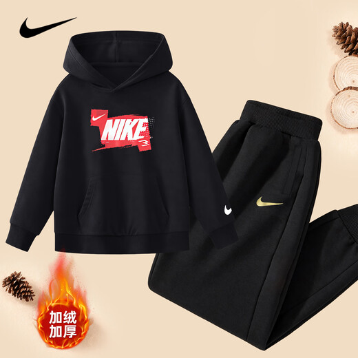 NIKE Nike Girls Suit Plus Velvet New Year Red 2025 Winter Boys Two-piece Set Children's Thickened Hooded Sweatshirt True Black 2236 Autumn and Winter Plus Velvet Style High Weight 130 /7 Recommended Height 116-122cm