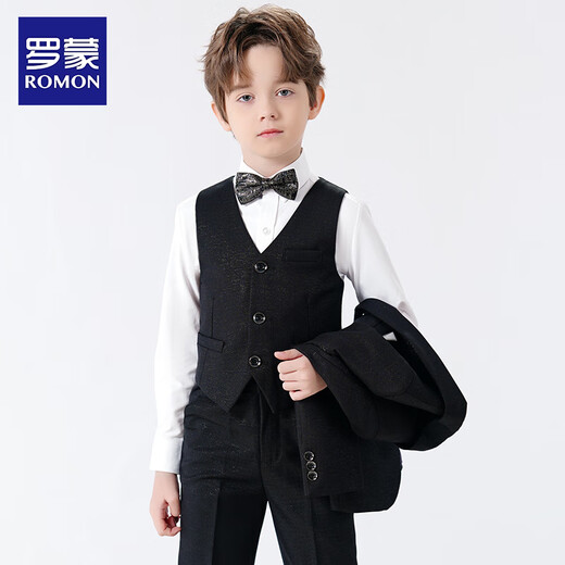 罗蒙儿童西装套装男童礼服英伦主持人钢琴演出服秋 亮丝黑色5件套 130