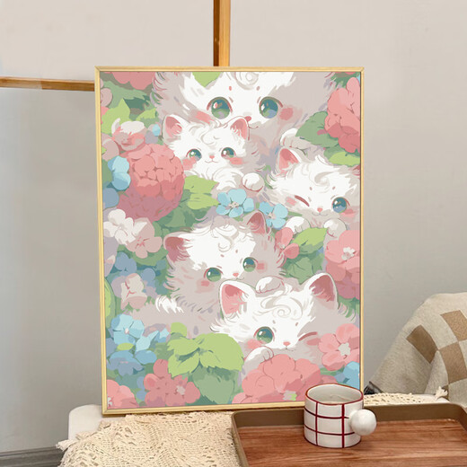 可爱猫咪数字油画diy填充涂色手工手绘系卡通丙烯油彩装饰画 qx12352 60*80cm加厚实木内框+装饰外框(