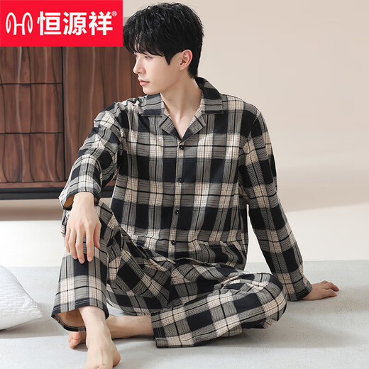 
Hengyuanxiang pajamas men's spring and autumn long-sleeved cotton large-size casual plaid autumn and winter thin style for men's home clothes OMM-12003 L