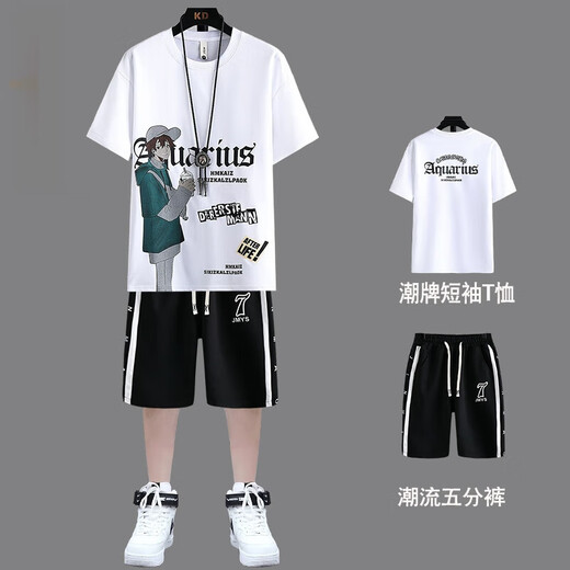 诚婕青少年短袖短裤套装男孩子夏季t恤大童初中学生新款潮流运动休闲 两件套【15816白色+短裤】 L 170 适合96-110斤