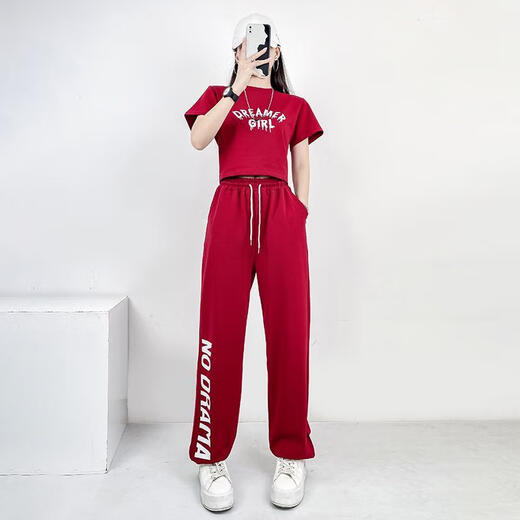 熊司令小个子爵士舞套装广场舞蹈kpop跳舞套装女夏爵士舞服装运动穿搭街 386黑短袖+1049玫红裤子 均码 s