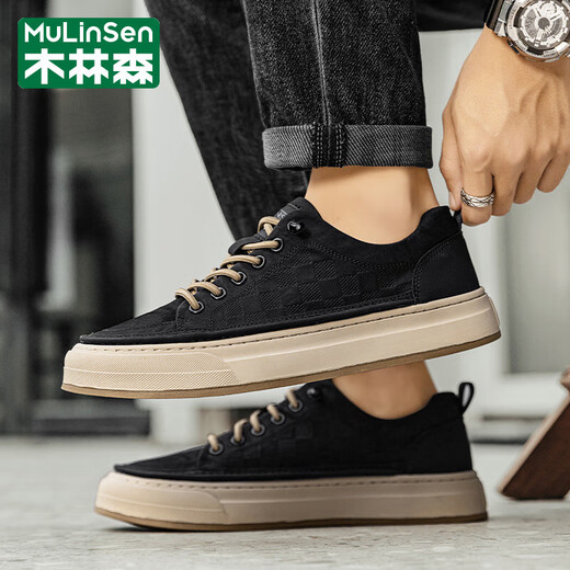 Mulinsen (Mulinsen) Brand Herrenschuhe 2025 Frühlings- und Sommer-Mode-Trend-Leinwandschuhe weiche Sohle-Kee-Resistante Brettschuhe atmungsaktive Freizeitschuhe Herrenschwarz (Markenschuhe für Männer) 41