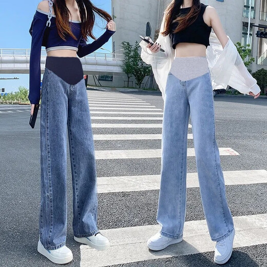 Yibaiyi (yIBAIyI) maternity pants autumn and winter jeans loose wide-leg pants plus velvet trousers fashion new outer wear straight pants autumn and winter wear blue L110-125Jin Jin equals 0.5 kg