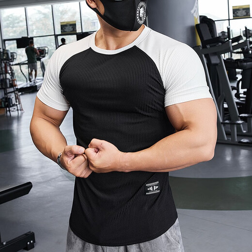 Lutielang sports tights men's quick-drying short-sleeved T-shirt running fitness clothes handsome muscle training elastic breathable autumn white L