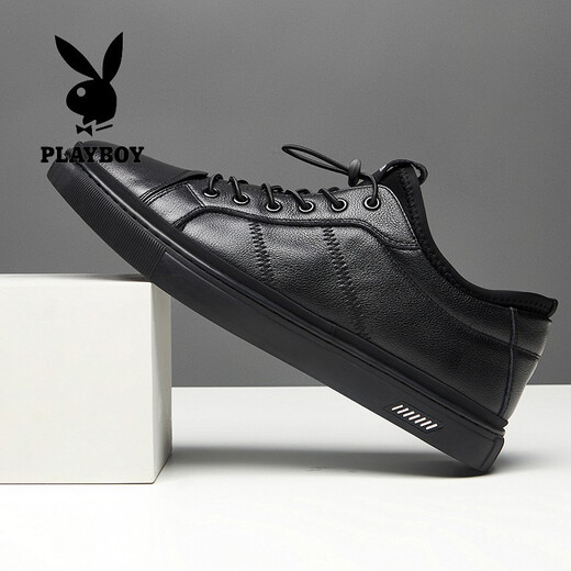 Playboy casual leather shoes men's new lightweight breathable first layer cowhide sneakers soft sole soft surface wear-resistant elastic band men's single shoes black 40