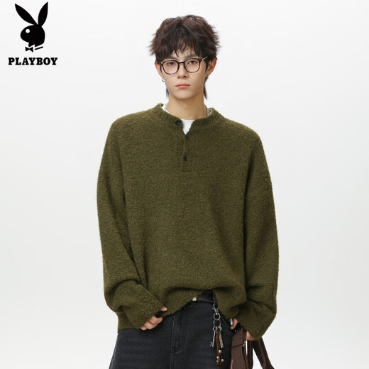 Playboy (PLAYBOY) retro old money Henry collar polo sweater men's autumn and winter thickened warm sweater lazy style pullover sweater jacket Moss green XL