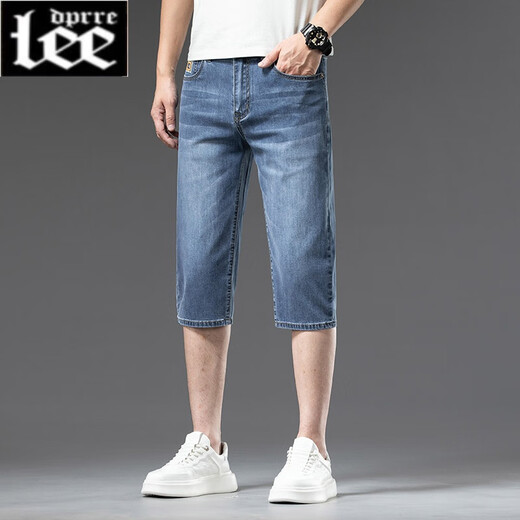 Lee dprre cropped pants men's summer thin 2024 new denim shorts men's slim straight stretch comfortable 7-cent mid-pants 759 sand washed blue soft and comfortable 33 waist 2 feet 6