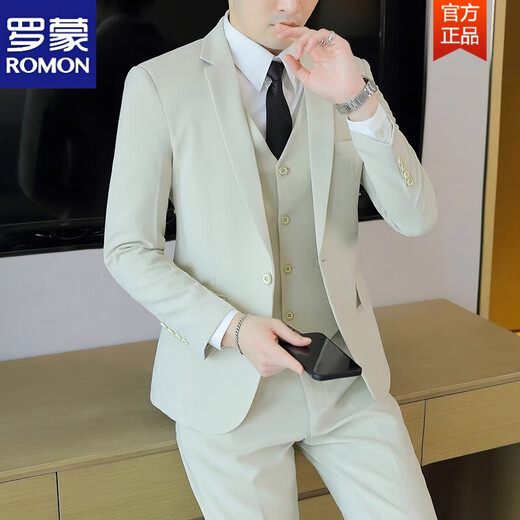 罗蒙（ROMON）西服套装男士韩版修身外套新郎结婚礼服商务职业正装小西装男 黑色-双扣三件套-西服+裤子+马甲 L 108-123斤