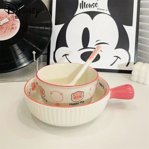迪士尼（Disney）卡通可爱猪碗碟盘套装家用新款高颜值餐具手柄烤盘陶瓷儿童吃饭碗 【4件套】手柄碗+手柄盘+碗+勺