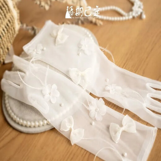 薇施莲【抖音同款】韩版网纱新娘手套结婚拍照夏季透明显瘦婚纱韩版走秀 网纱手套羽毛欧根纱 约52