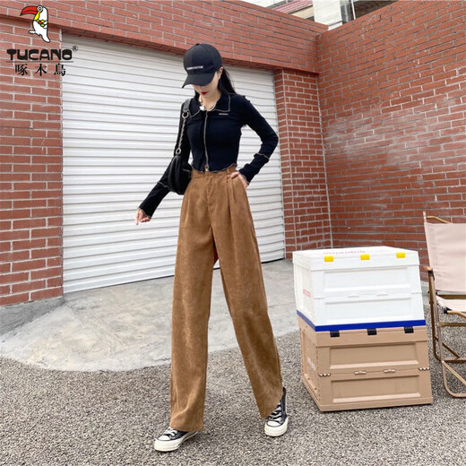 Woodpecker corduroy wide-leg pants for women in spring and autumn high-waist loose strip fleece straight trousers autumn and winter plus velvet thickened pants trendy regular 1049# brown [model] 2XL [recommended 133-150Jin [Jin equals 0.5 kg]]