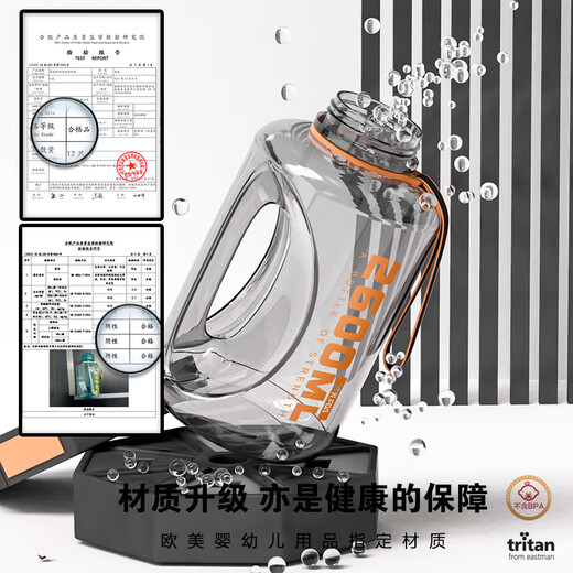 Fuguang (FUGUANG) Fuguang Tritan large-capacity water cup for men and women, sports and fitness water bottle, high temperature resistant daily bucket cup, Tritan material-2600ml-cool black