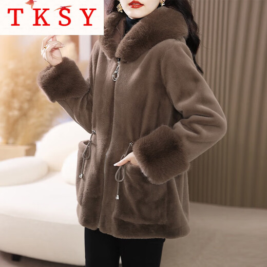 TKSY妈m皮草外套女冬2025新款时尚金貂绒皮毛一体中长款精仿貂皮大衣 咖色 4XL [适合140-165]斤