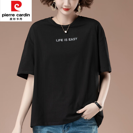 皮尔卡丹（pierre cardin）尺码夏季新款宽松刺绣短袖t恤女中年妈i妈休闲纯|棉上衣 9892咖啡 L 100-115斤