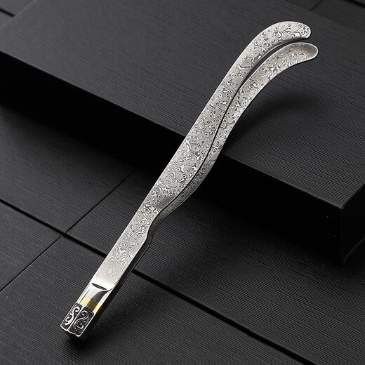 Zixiangtang stainless steel tea clip, Damascus leather curved clip, carved copper tea tweezers, tea set, metal tea cup clip, tea ceremony accessories, ebony tea clip