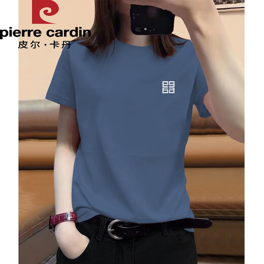 Pier Cardin summer 2025 new short-sleeved round neck pure cotton white shoulder T-shirt for women loose European top T-shirt ins trendy 854 white (regular round neck short-sleeved-black) S Recommended 80-100Jin [Jin equals 0.5 kg]