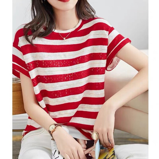 Yunzhuang Diemeng short-sleeved T-shirt for women 2023 summer new cotton and linen simple age-reducing loose summer bottoming shirt half-sleeved top red striped S (recommended 80-90Jin [Jin equals 0.5 kg])