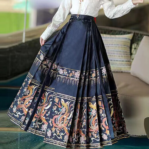Han Yukuis ursprünglicher Ming-Ming-Hanfu-Rock für den Frauen mit dem Hufegesicht für Frühling für den Frühling verbesserte tägliche Superfee Neue chinesische Rock mit dem chinesischen Pferd. Voller Set weiße Doppelbastel-Top + Marine Blaudruckgedruckte Rock L.