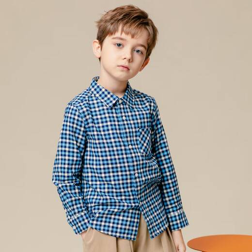 Hengyuanxiang boys' long-sleeved shirt pure cotton spring and autumn new children's casual shirt children's clothing plaid western style top trendy blue grid 130