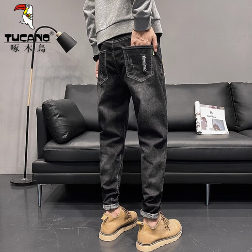 啄木鸟（TUCANO）男士破洞牛仔裤春季款潮牌修身小脚2025黑色休闲长裤美式复古男裤 6636黑色 36