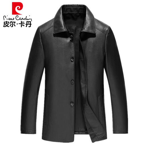 皮尔卡丹（pierre cardin）高档秋冬季真皮皮衣外套男士翻领中年头层牛皮风衣中长款夹克男爸 暗扣黑色【可脱卸羽绒内胆】 205/6XL 建议210-230斤