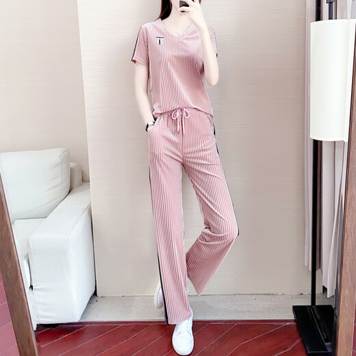 OYZ Hong Kong trendy brand short-sleeved suit for women summer new loose slimming fashionable casual V-neck wide-leg pants two-piece set trendy pink L