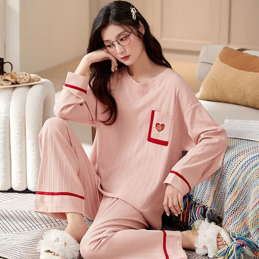 Cotton pajamas for women in spring and autumn new style pit strip round neck pullover long sleeve trousers home suit can be worn outside MXL-ZWF9923 XXL code-suggested 120-140Jin [Jin equals 0.5 kg]