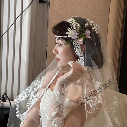 复古蕾丝花边头纱感新娘主婚纱森系造型头饰气质礼服晨袍配饰 模 175cm