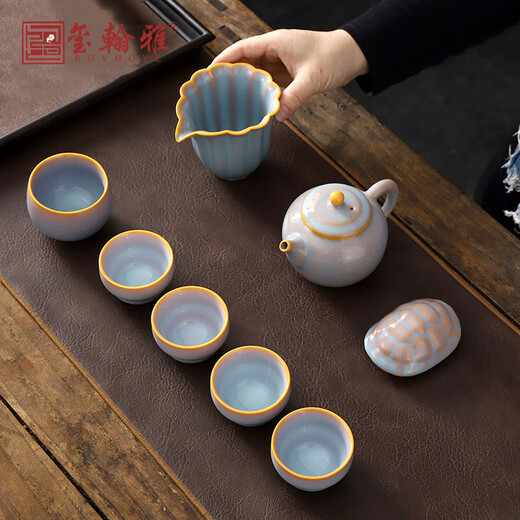 ROYHOYE Ruby Lin Master Ru Kiln Tea Set Home Fully Handmade Retro Office Tea Set Tea Maker Business Gift Ruby Lin-Guyun Qiuxia Covered Bowl Tea Set 8 Pieces