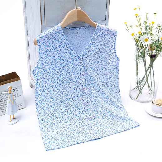 AB underwear women's pure cotton pajamas summer sleeveless sweatshirt middle-aged and elderly mothers printed V-neck cardigan vest T-shirt S724 Little Blue Flower XL (165/95)