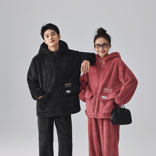 Kissing Cat Soft Velvet Couple Pajamas Women's Autumn and Winter Men's Suits Home Clothes Warm and Thickened Can Be Weared Outside 4716 Jet Black Men 3XL