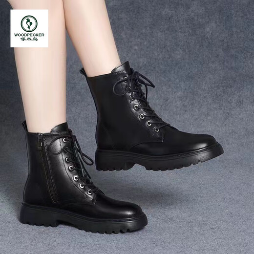 Zapatos para mujeres de carpintería de carpintería para mujeres Botas de cuero de cuero genuino para mujeres Botas de nieve de otoño y otoño de otoño y invierno botas cortas botas para mujeres negras más lana 40 tamaño estándar