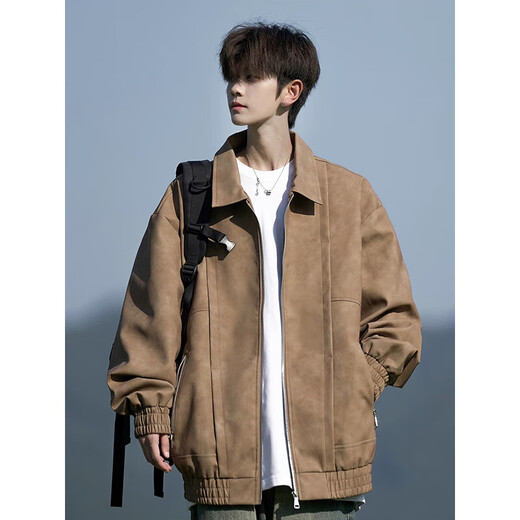 OEMG American retro leather jacket men's spring and autumn summer trendy brand large size loose youth couple work jacket clothes black XL [recommended 110-125 Jin [Jin equals 0.5 kg]]
