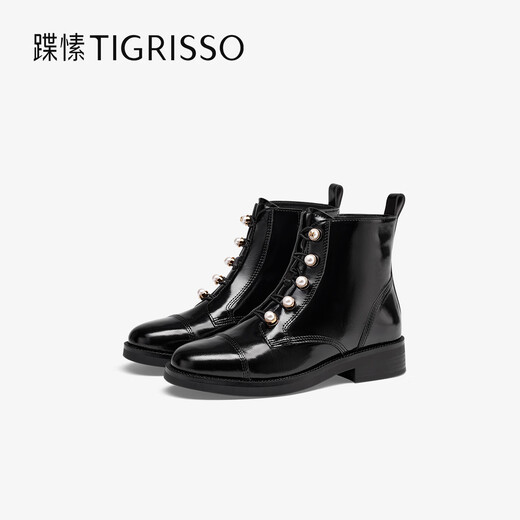 Luansu 2024 Herbst und Winter Neue weiche Kuhpferd Martin-Stiefel neue chinesische Stil-Falten-Frauenstiefel TA54703-12 Schwarzes Cowide Leder 36 230mm