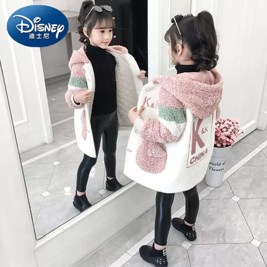 Disney (Disney) Winterjacke für Mädchen, 2023, neuer Winterstil, mittellanger koreanischer Stil für Kinder, verdickter Außenmantel für Herbst und Winter, Rosa (Polsterung und Verdickung) 140